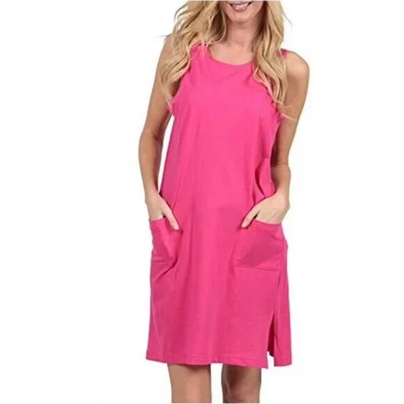 Sleeveless Hot Pink Stretch Knit Tank Mini Dress Scoop Neck Front Patch Pocket M - Picture 1 of 9